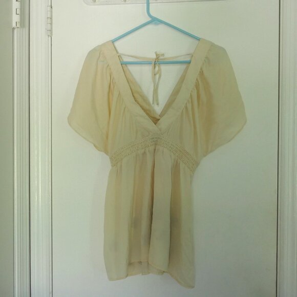 boho silky flowy embroidered cream deep v-neck top Aus size 12 (US size 8) - Picture 2 of 6